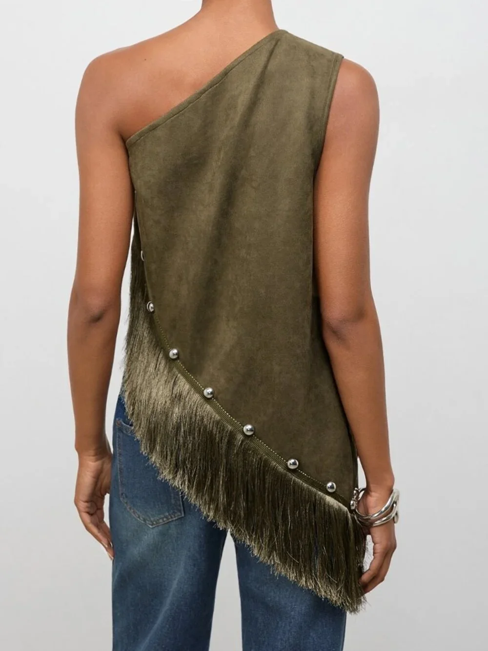 Army Green Casual Women's Asymmetrical Fringe Tie Dye Patchwork Tassel Hem Top